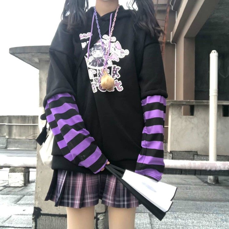 日系少女假两件加绒卫衣女学生秋冬新款可爱甜系条纹宽松连帽上衣