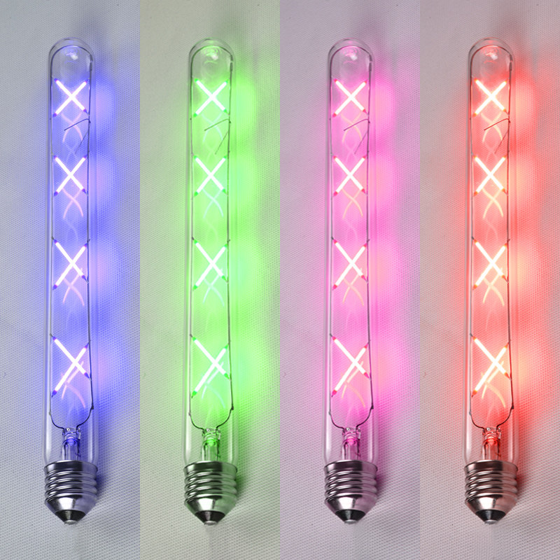 E27大螺口彩色爱迪生LED灯丝粉红蓝绿色试管长笛长条节能艺术灯泡