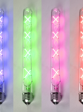 E27大螺口彩色爱迪生LED灯丝粉红蓝绿色试管长笛长条节能艺术灯泡