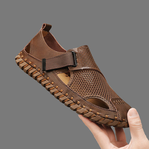 凉鞋男款真皮夏季户外穿开车软底防滑透气网鞋包头涉水沙滩洞洞鞋