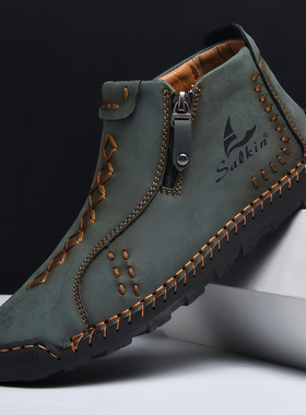 出口美国软皮马丁靴男真皮复古短靴软底中帮防滑大码皮靴高帮男鞋