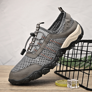 网鞋男2025新款夏季透气薄款真皮网面登山鞋轻便防臭一脚蹬懒人鞋
