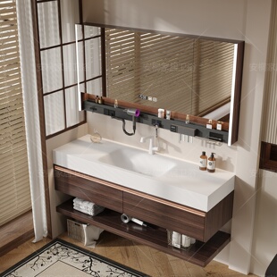 中古风浴室柜岩板热弯一体无缝盆卫生间洗漱台洗手池洗脸盆柜组合