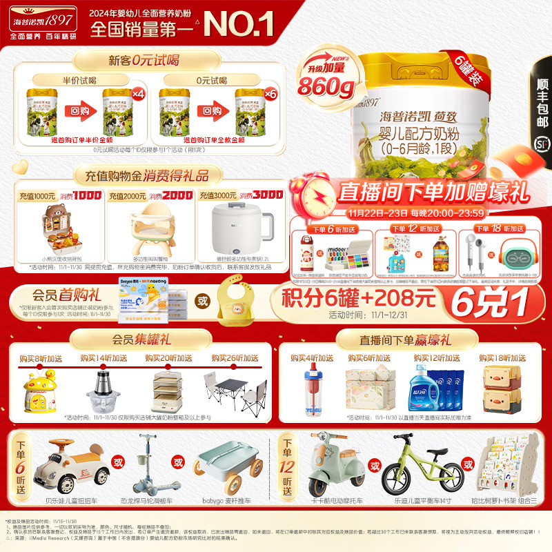 海普诺凯1897荷致婴儿配方1段奶粉 860g*6罐进口HMO乳铁蛋白奶粉