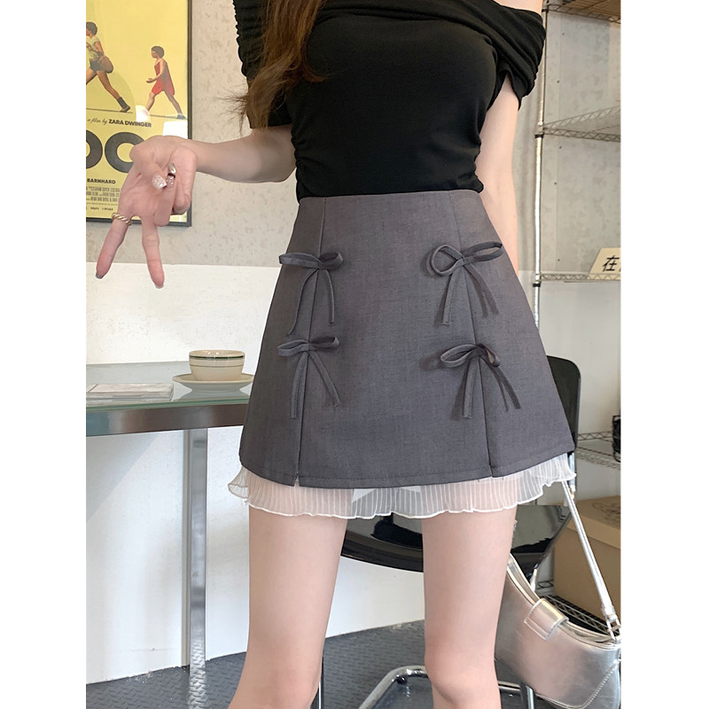 蕾丝边拼接蝴蝶结半身裙A字短裙