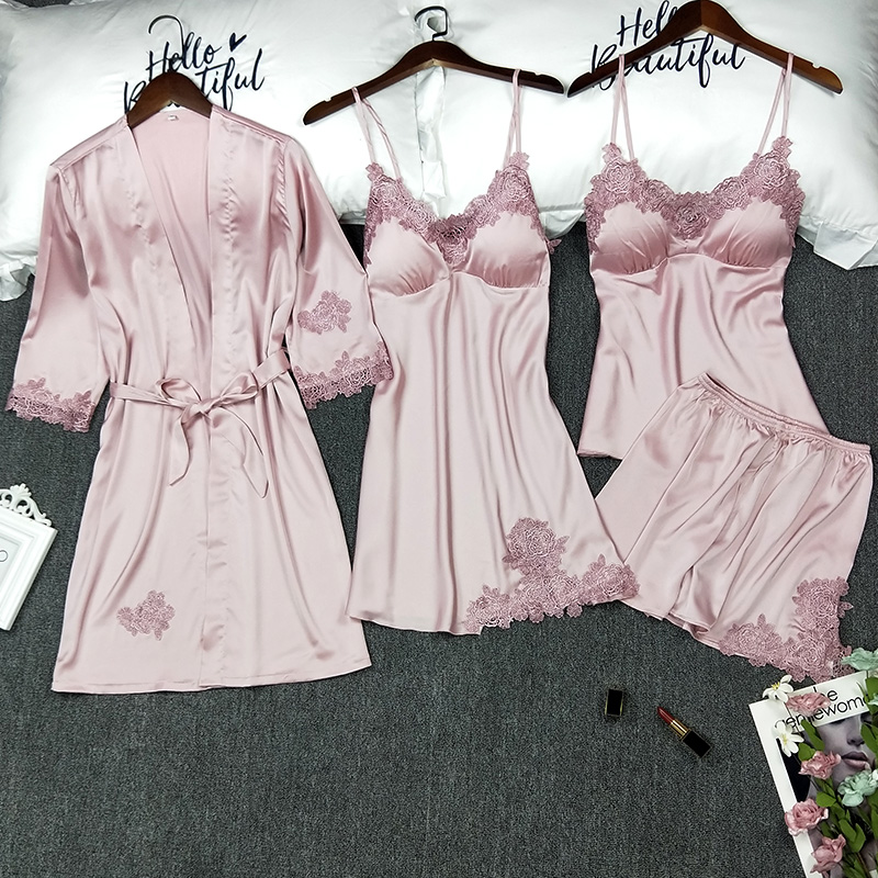 睡衣女春秋性感冰丝绸四件套装
