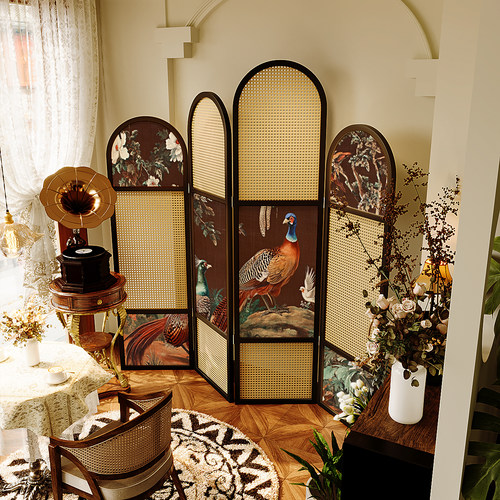 折叠移动屏风隔断藤编客厅入户酒店餐厅沙发背景墙可法式复古实木