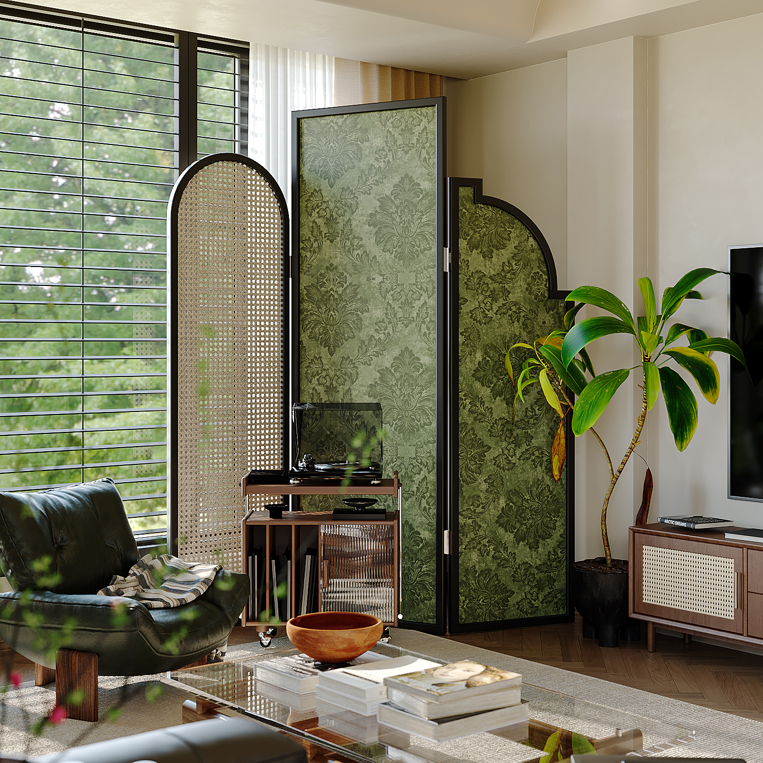 法式复古绿茵实木屏风隔断藤编客厅入户酒店餐厅移动折叠沙发背景