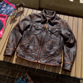 门多萨茶心牛皮石磨擦色做旧咔叽美式 复古工装 西部农场主真皮衣