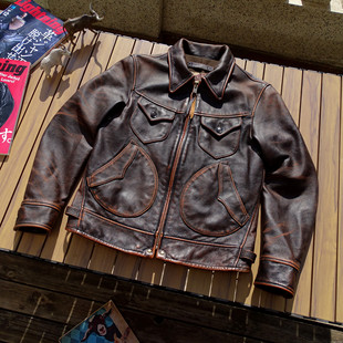 门多萨茶心牛皮石磨擦色做旧咔叽美式 西部农场主真皮衣 复古工装