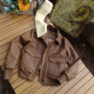 空飞女 水洗做旧可脱卸羊毛领短款 女外贸出口 超轻薄小胎牛皮