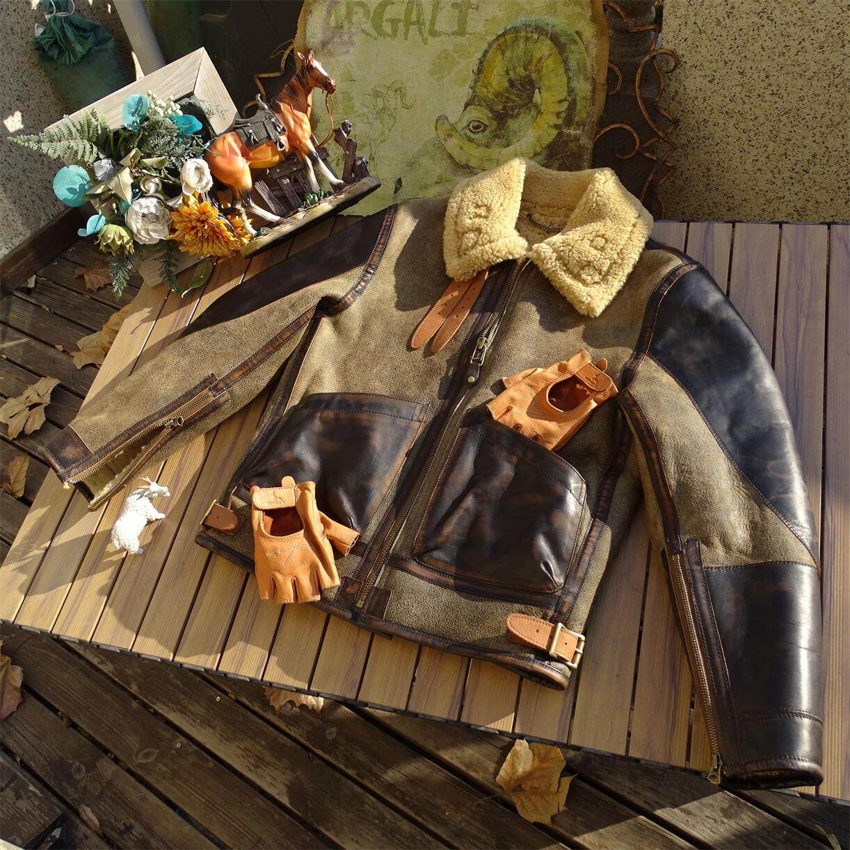 战损补丁原生态羊皮毛一体皮衣