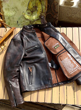 进口植鞣茶芯马皮无里衬设计J100领子活袢男立领修身真皮衣皮夹克