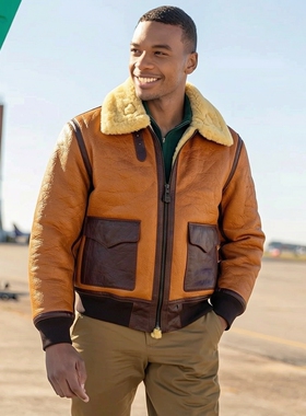 【一眼惊艳】油蜡落日黄色原生态羊皮毛一体想马皮A2空军皮衣