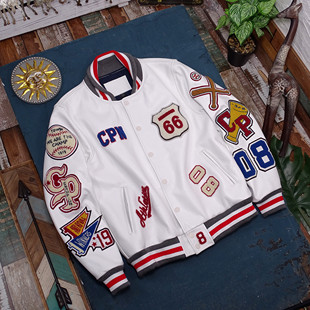 厚达1.9重磅进口摔纹黄牛皮头层真皮刺绣多标棒球服潮真皮皮衣