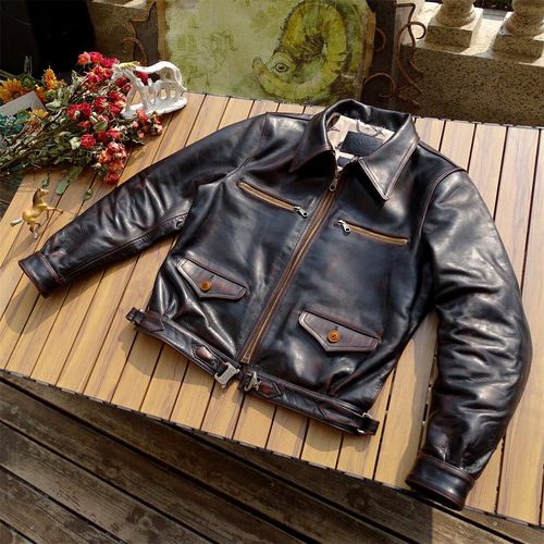 德飞进口植鞣茶芯马皮超短款皮衣