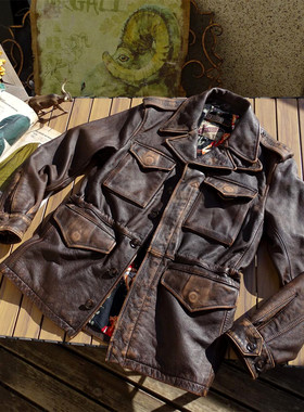 茶芯牛皮石磨擦色做旧阿美咔叽美式复古M43野战猎装小风衣真皮衣