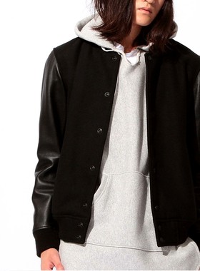 日系头层绵羊皮真皮皮衣羊毛呢皮袖棒球服短款皮夹克外套男女通穿