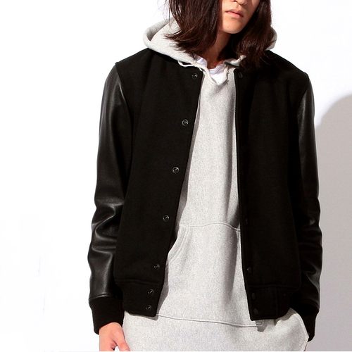头层绵羊皮袖羊毛呢棒球服
