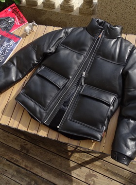 复古男士冬季黑色绵羊皮真皮羽绒服鸭绒休闲短款立领保暖