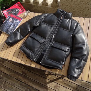 立领保暖 黑色绵羊皮真皮羽绒服鸭绒休闲短款 复古男士 冬季