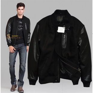 羊毛呢拼接头层牛皮袖 休闲皮外套 夹棉保暖棒球服真皮皮衣男士