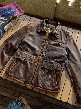 美式复古RL新报童日本拉链孟加拉茶芯牛皮重度石磨做旧真皮皮衣