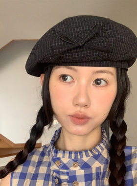 日系复古黑色蝴蝶结软顶贝雷帽女