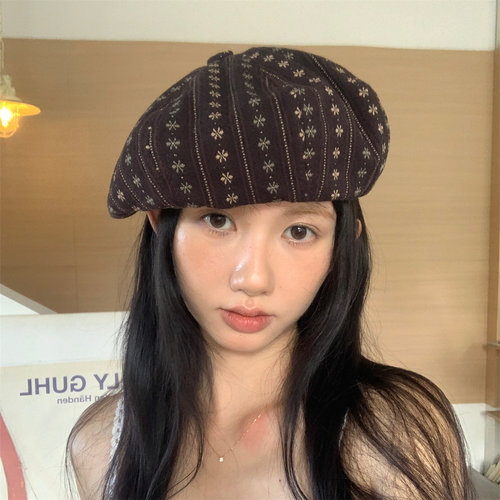 复古条纹刺绣小花朵软顶贝雷帽女