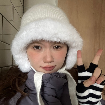 雪天氛围感兔毛绒针织护耳帽加绒