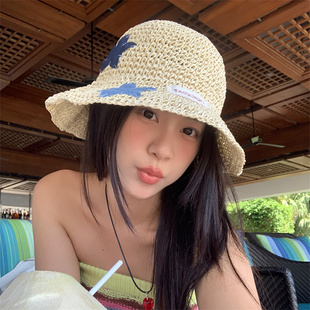 浪漫海邊度假牛仔星星草編漁夫帽夏季 鏤空遮陽草帽女 慵懶假期
