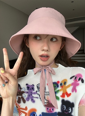 jessica同款渔夫帽大帽檐飘带遮阳帽轻薄防紫外线显脸小防晒帽女