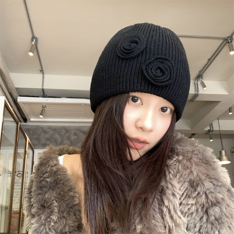 韩女立体玫瑰花双层加厚保暖冷帽