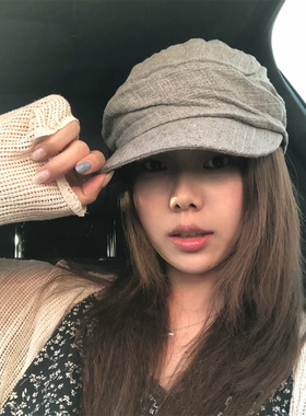 日系褶皱亚麻灰色马术帽显脸小潮