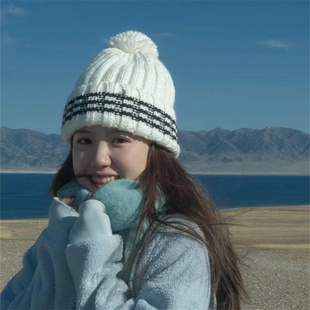 【毛球毛线帽】韩版条纹B标针织帽秋冬保暖百搭护耳帽学院风情侣