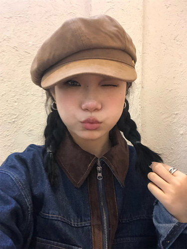 秋冬百搭棕色系气质八角帽显脸小