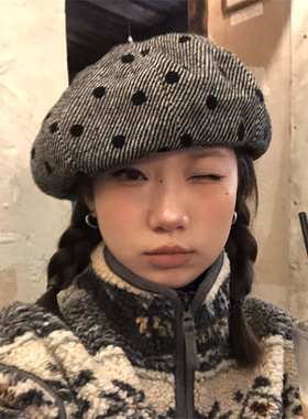 日系古早味波点贝雷帽子女显脸小