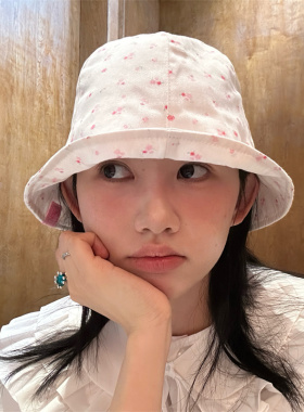 【粉色小花】日系甜美少女小碎花渔夫帽夏季出游显脸小蝴蝶结盆帽
