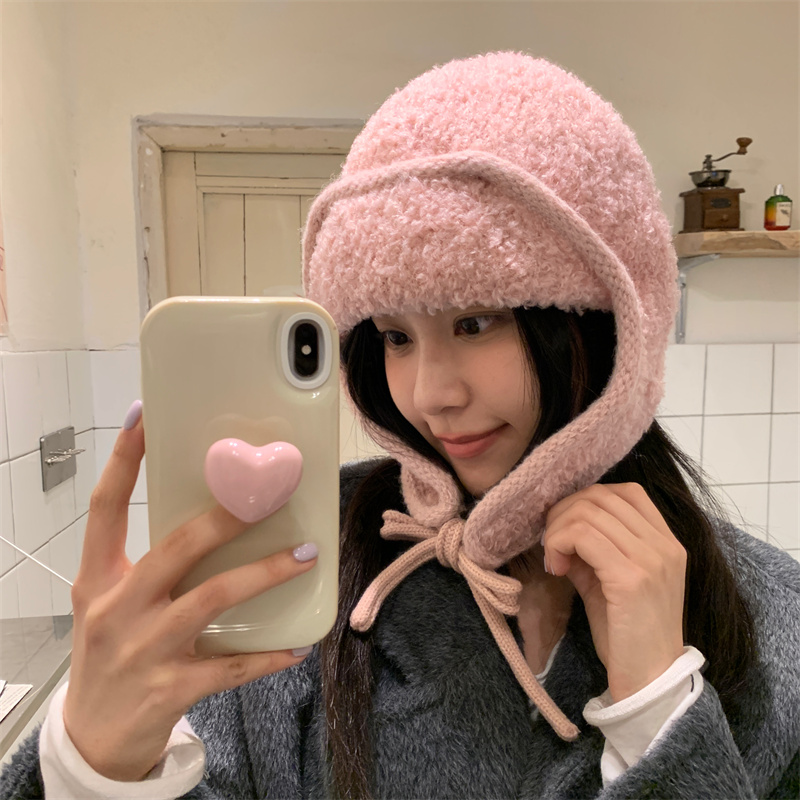 戴上炒鸡甜的粉色针织护耳帽ins