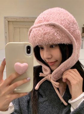 【氛围感甜妹】甜美可爱圈圈纱护耳针织帽ins博主同款粉色飞行帽