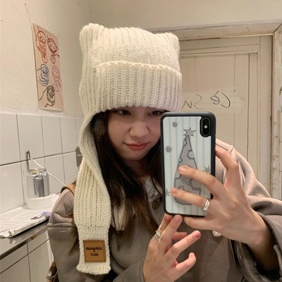 可爱猫咪耳朵毛线帽围脖帽子一体