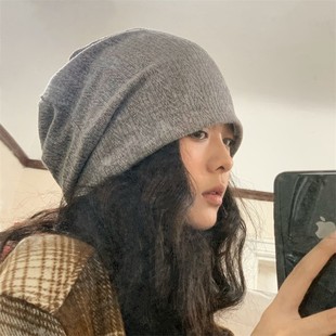 博主bi入慵懒氛围感堆堆帽纯色纹理休闲百搭冷帽潮月子帽 秋日