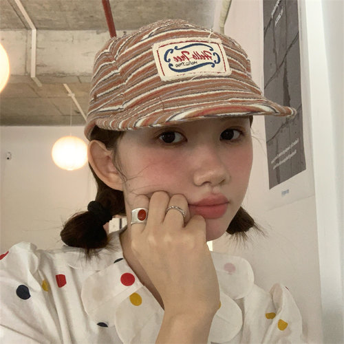 小众复古橙减色条纹平檐帽日杂风