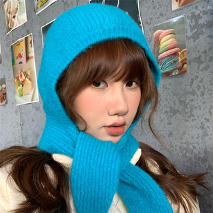 【幸运湖蓝】小众复古含羊毛系带巴拉克拉法帽软糯针织围脖一体帽