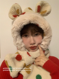 【彩色斑点小鹿角】秋冬出游加厚保暖羊羔毛围脖帽子一体骑车帽子