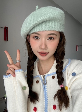 清新奶绿色针织贝雷帽温柔好搭配