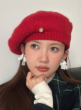复古红色贝雷帽圣诞新年画家帽女