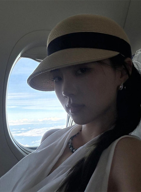 夏季草编缝制大蝴蝶结马术帽气质优雅法式海边度假显脸小鸭舌帽潮