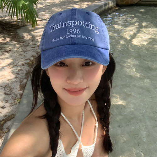 显白复古做旧水洗蓝软顶棒球帽女