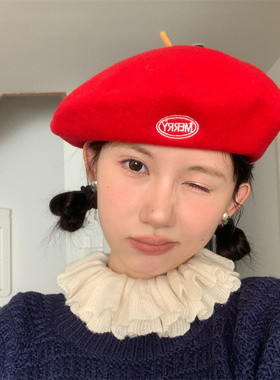 秋冬很出片的红色贝雷帽羊毛材质